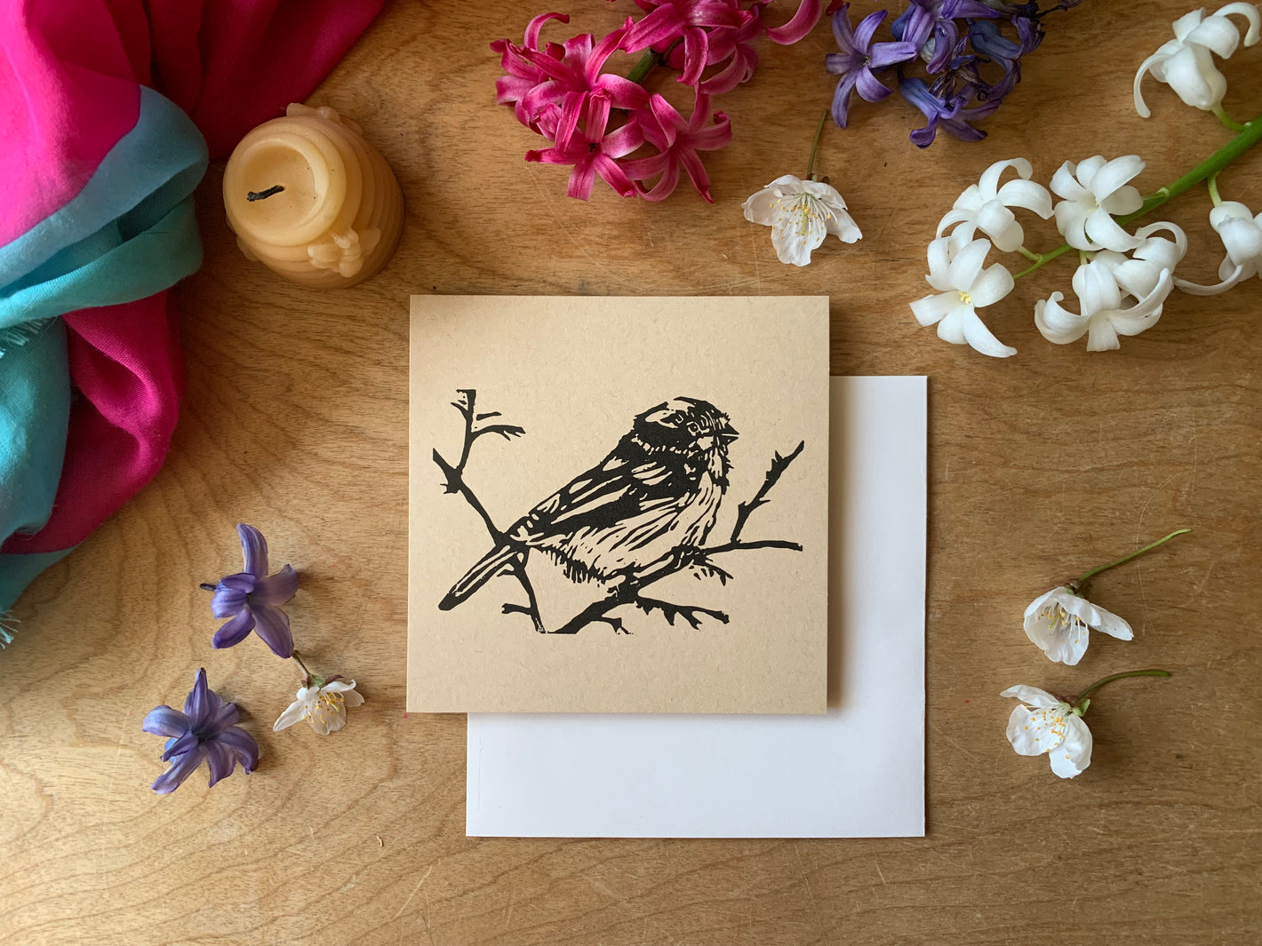 Sapphorica Creations Chickadee Linocut Woodland + Wildflower Art Card