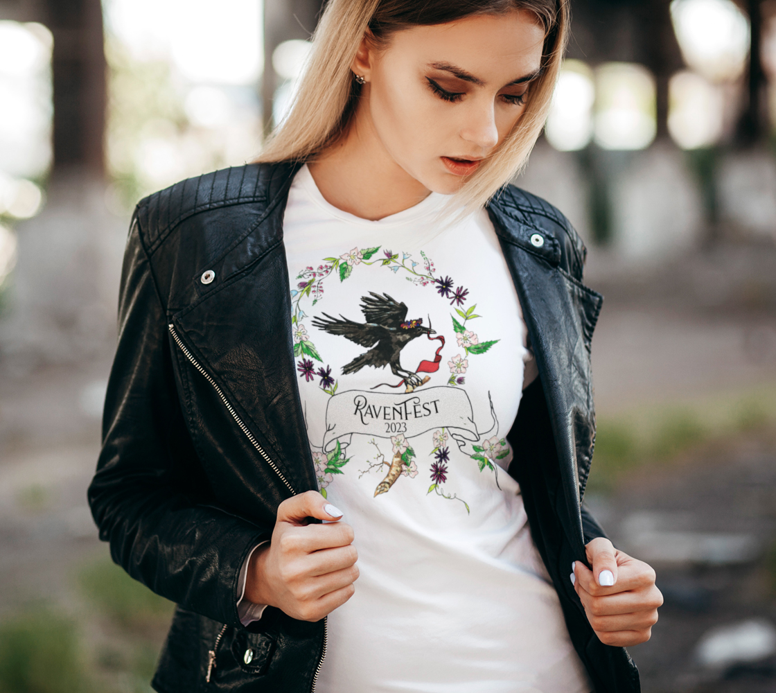Woodland Wildflower RavenFest 2023 Women's White & Grey Tee x Sapphorica Creations - Sapphorica Creations