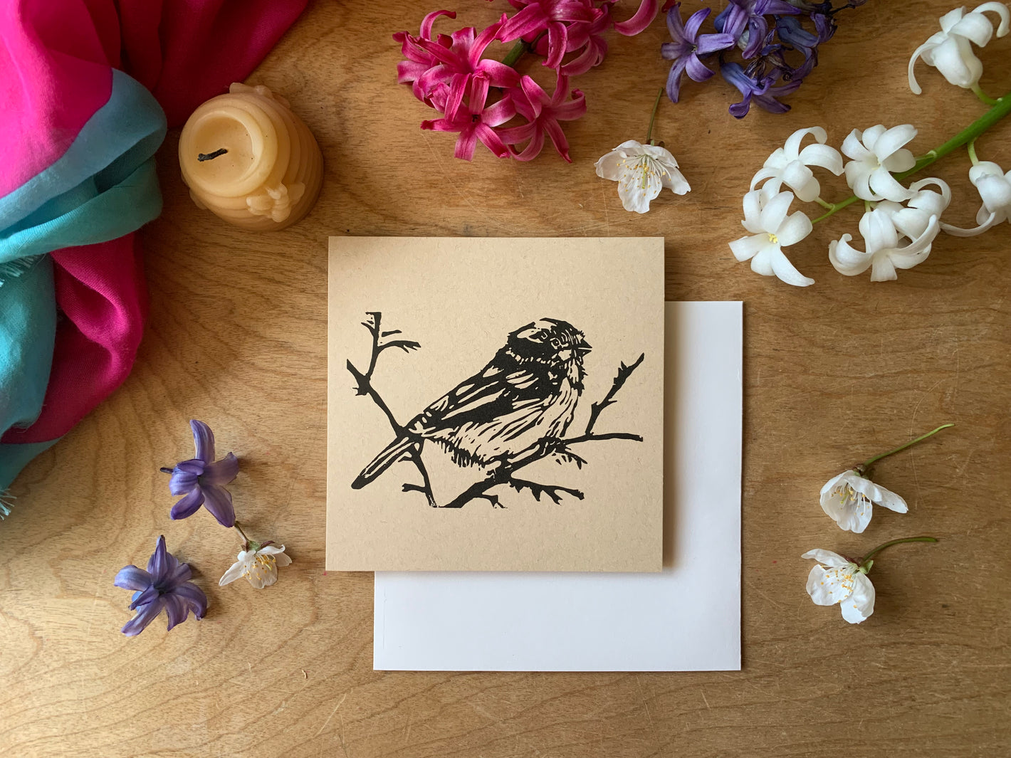 Sapphorica Creations Chickadee Linocut Woodland + Wildflower Art Card 