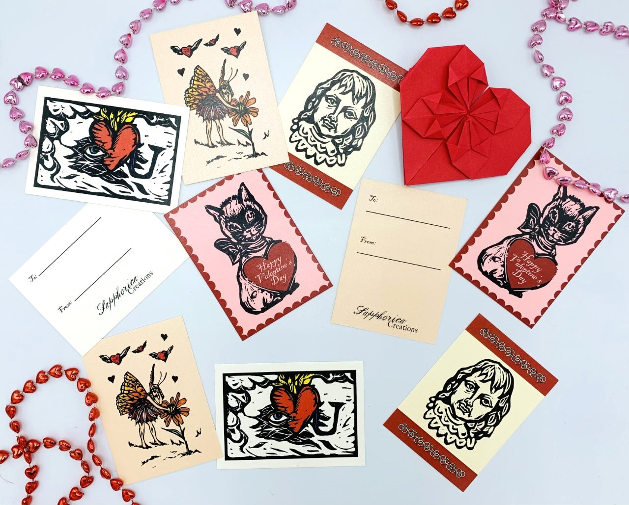 Sapphorica Creations- Valentine's Day Linocut Mini Art Cards